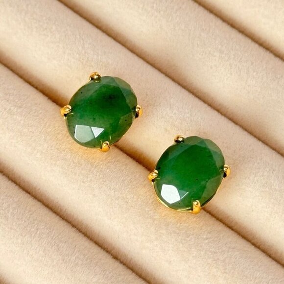 NEW Oval Stud Earrings Natural Green Aventurine 18K Gold Plated Classic 90s - Picture 9 of 11